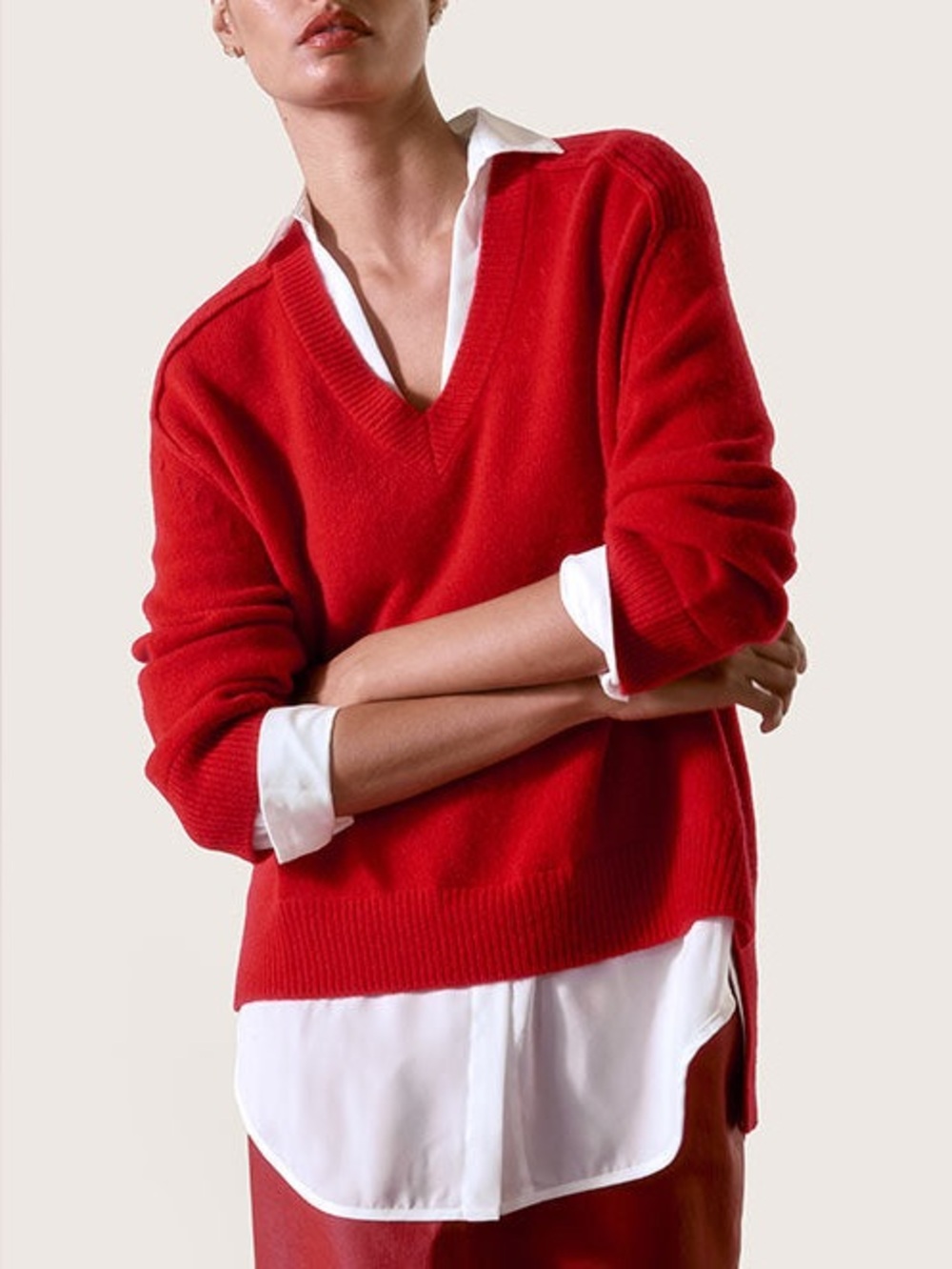 Brochu Walker The Looker Layered V Neck Wool Cashmere Sweater Red M - Picture 2 of 12